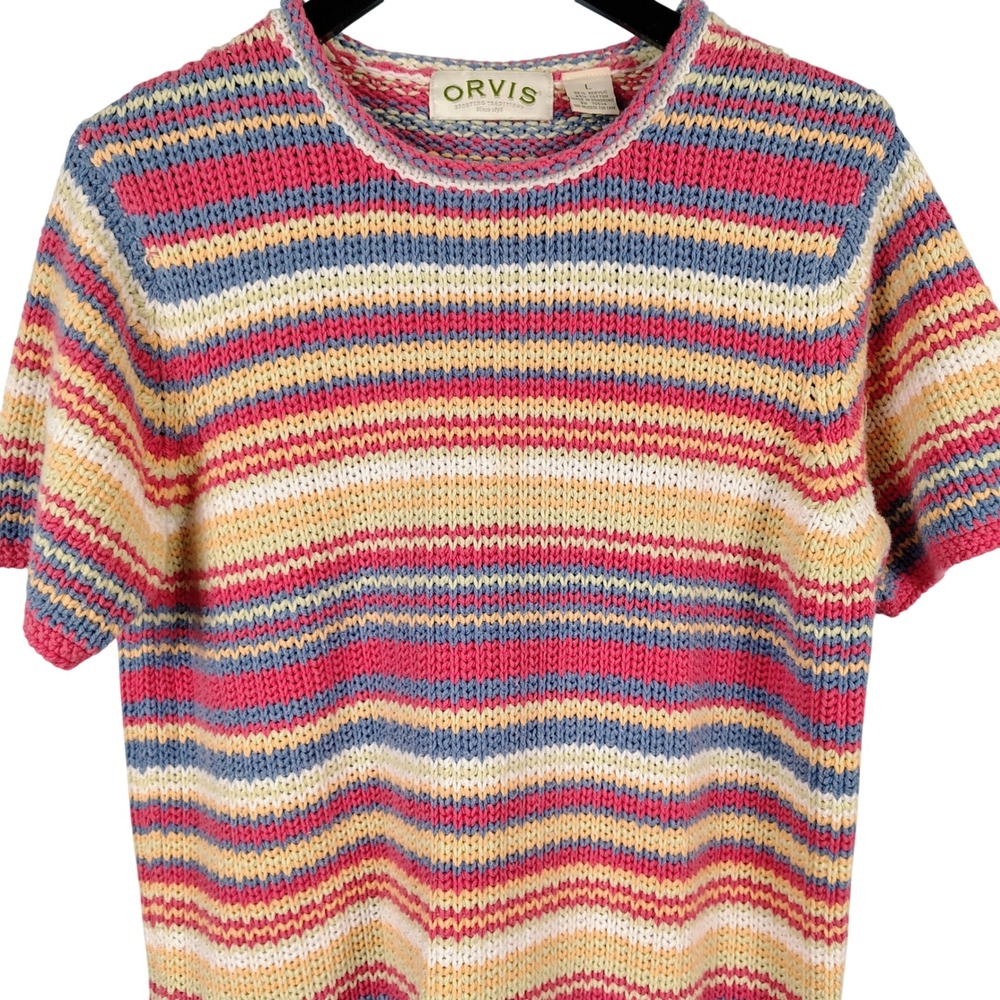 vintage Orvis Women L Short Sleeve Striped Knit Sweater Multicolor Cotton Blend